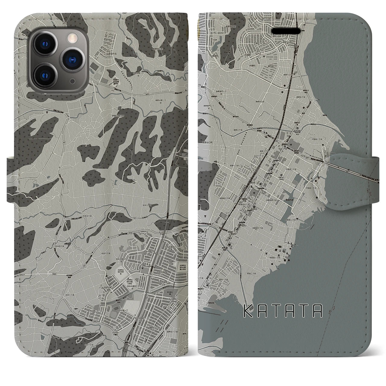 【堅田(滋賀県)】地図柄iPhoneケース(手帳タイプ)モノトーン・iPhone 11 Pro Max 用