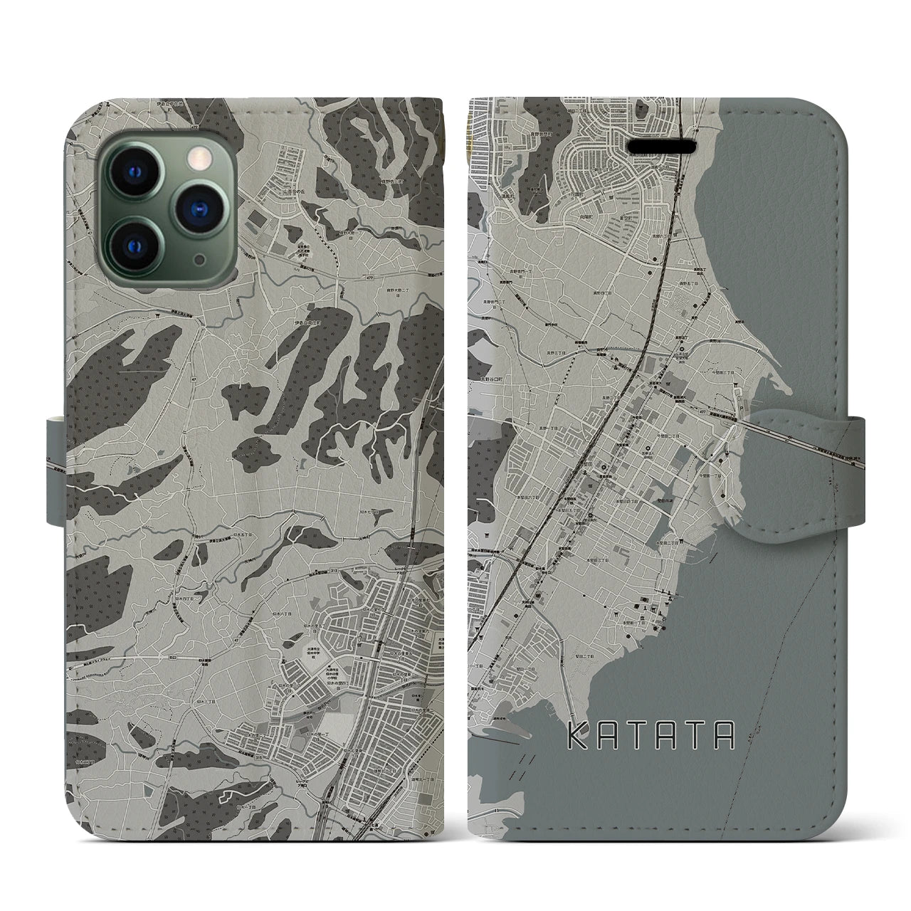 【堅田(滋賀県)】地図柄iPhoneケース(手帳タイプ)モノトーン・iPhone 11 Pro 用