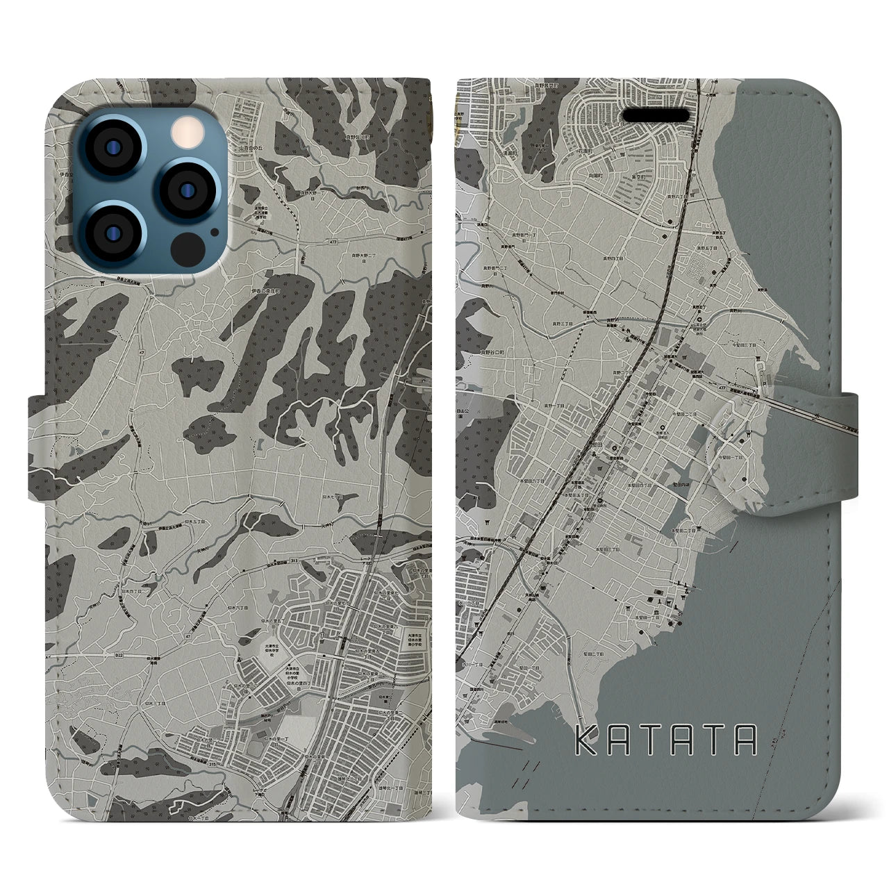 【堅田(滋賀県)】地図柄iPhoneケース(手帳タイプ)モノトーン・iPhone 12 / 12 Pro 用
