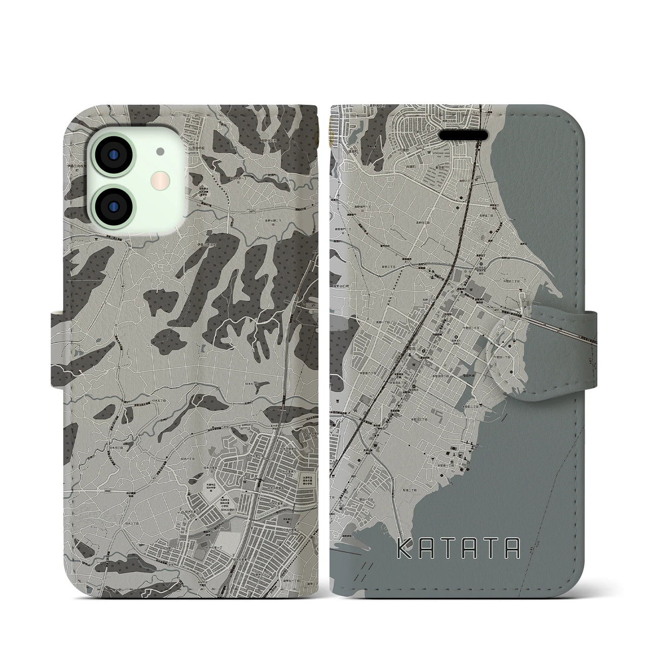 【堅田(滋賀県)】地図柄iPhoneケース(手帳タイプ)モノトーン・iPhone 12 mini 用