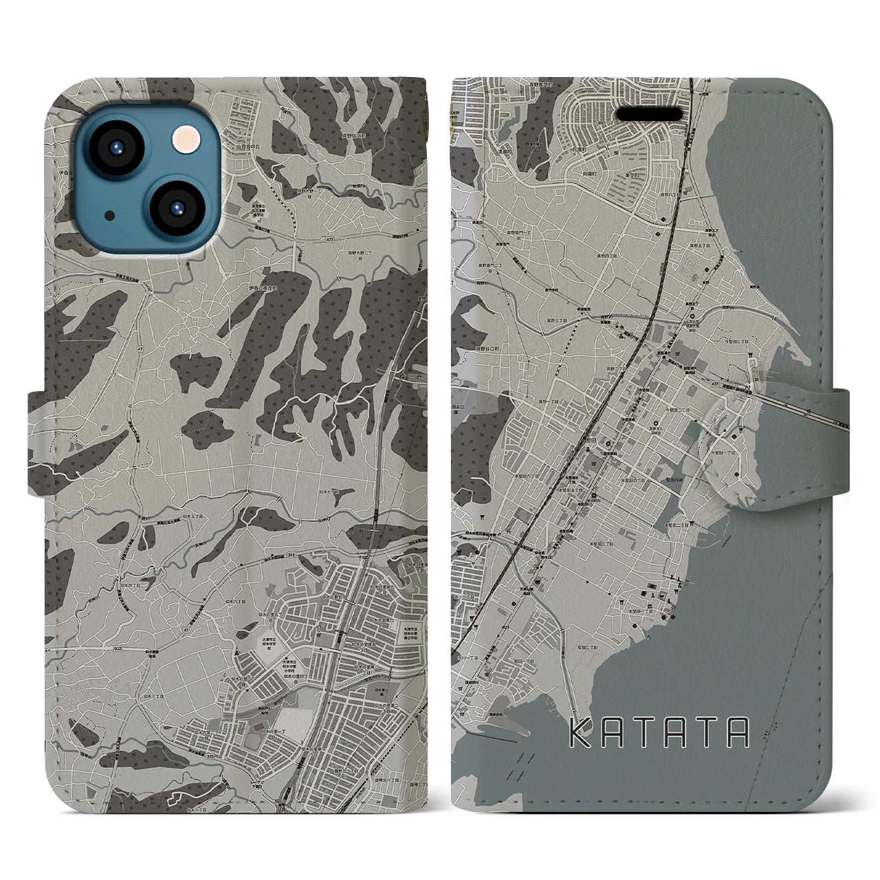 【堅田(滋賀県)】地図柄iPhoneケース(手帳タイプ)モノトーン・iPhone 13 用