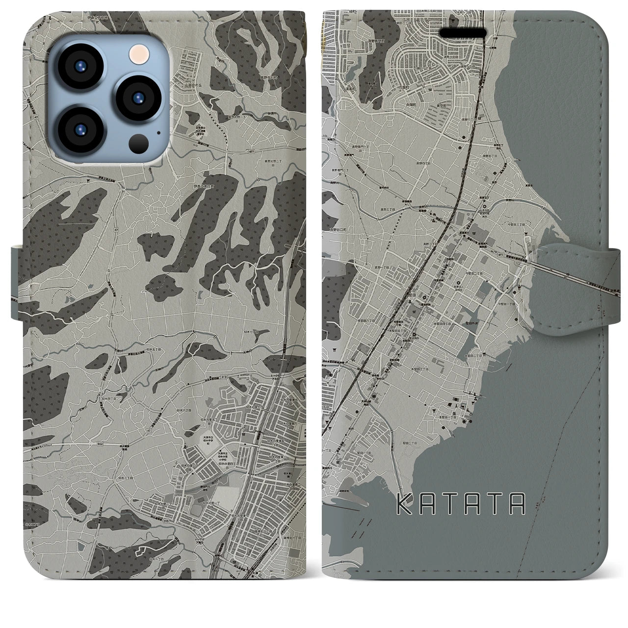 【堅田(滋賀県)】地図柄iPhoneケース(手帳タイプ)モノトーン・iPhone 13 Pro Max 用