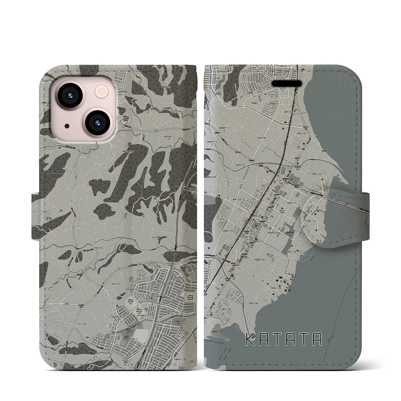 【堅田(滋賀県)】地図柄iPhoneケース(手帳タイプ)モノトーン・iPhone 13 mini 用