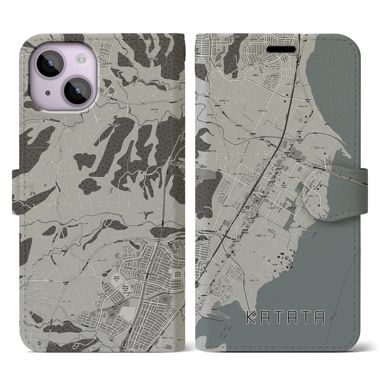 【堅田(滋賀県)】地図柄iPhoneケース(手帳タイプ)モノトーン・iPhone 14 用