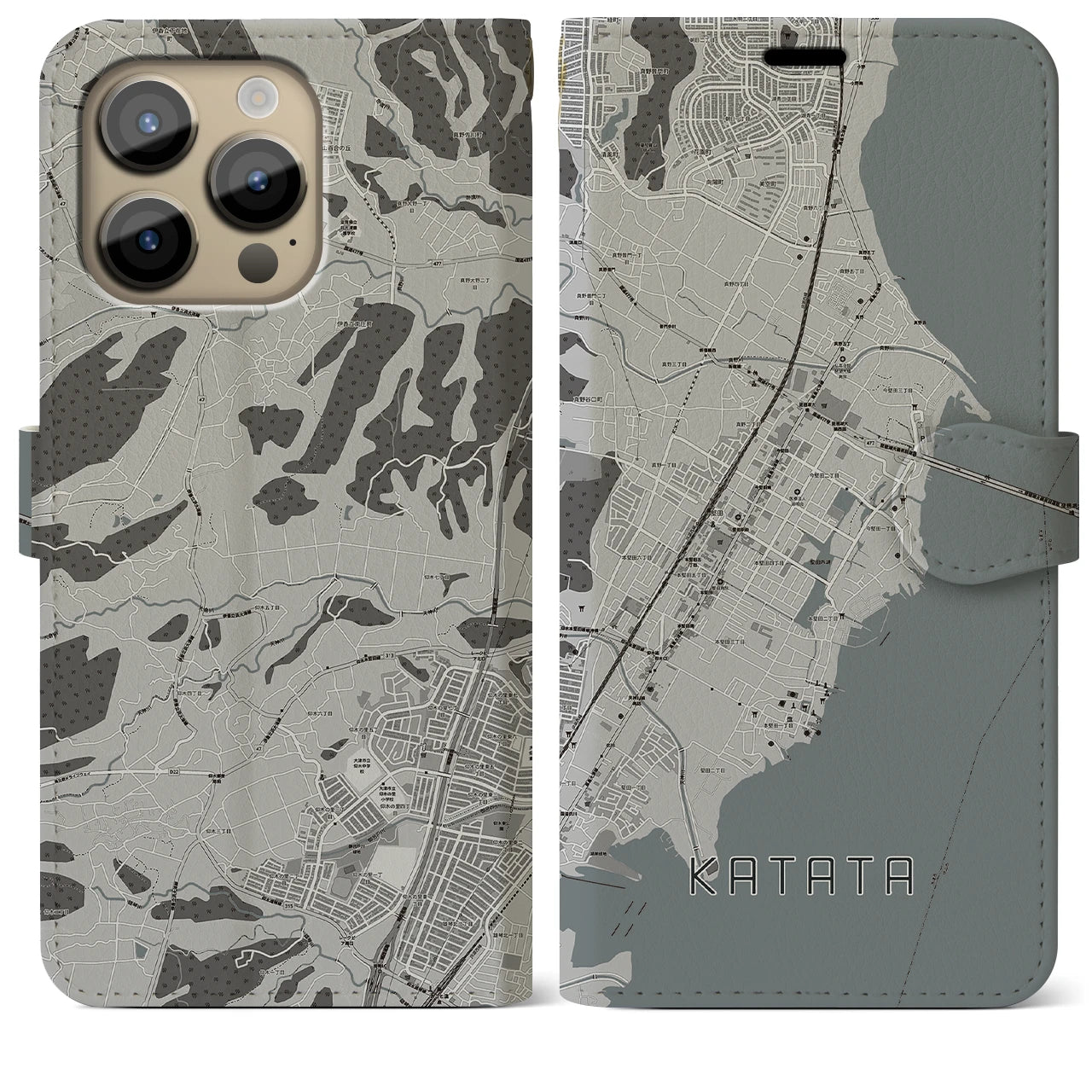 【堅田(滋賀県)】地図柄iPhoneケース(手帳タイプ)モノトーン・iPhone 14 Pro Max 用