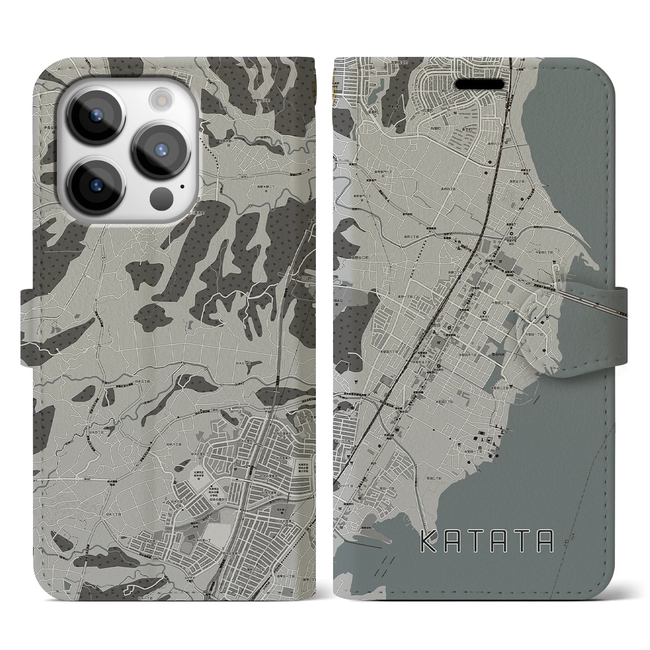 【堅田(滋賀県)】地図柄iPhoneケース(手帳タイプ)モノトーン・iPhone 14 Pro 用