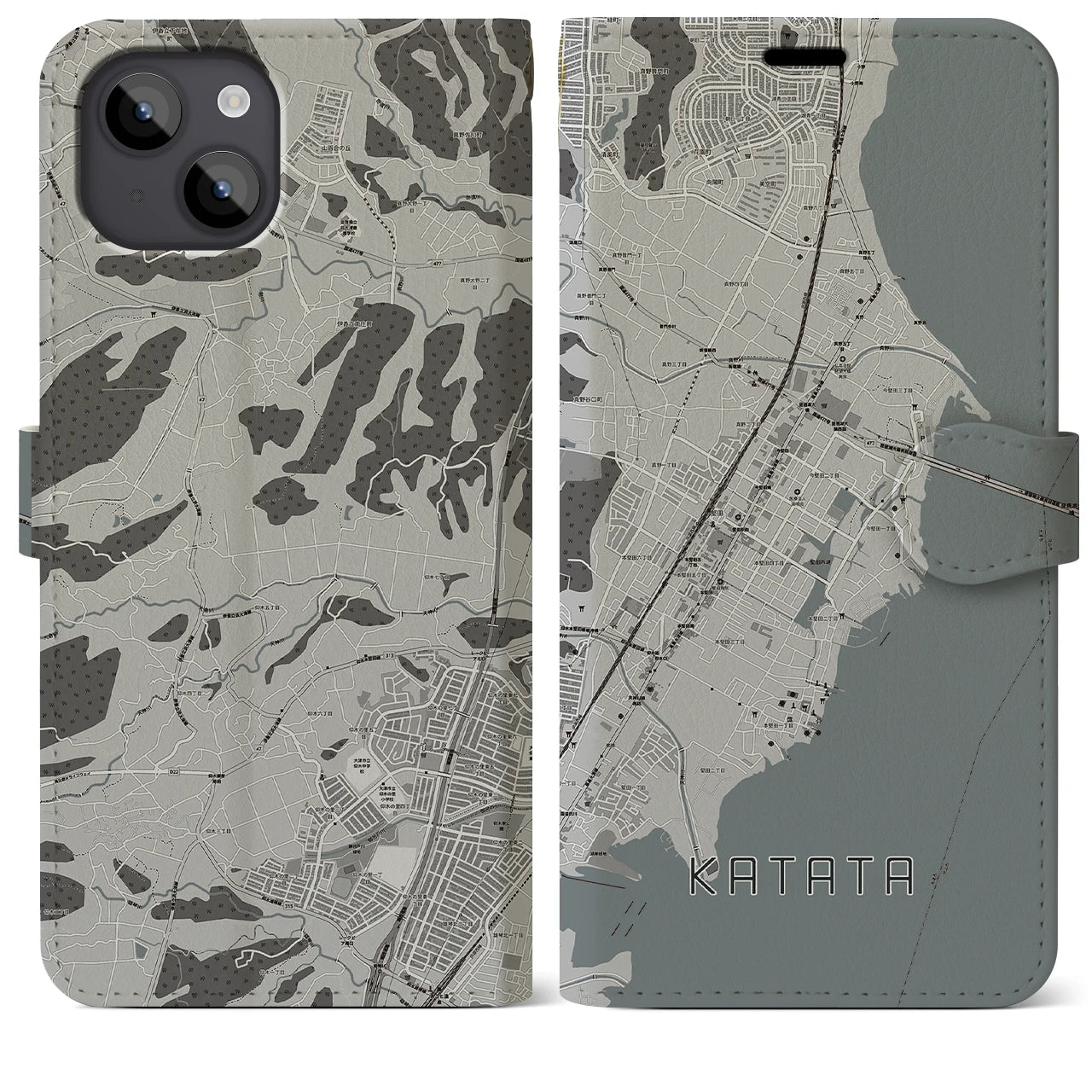 【堅田(滋賀県)】地図柄iPhoneケース(手帳タイプ)モノトーン・iPhone 14 Plus 用