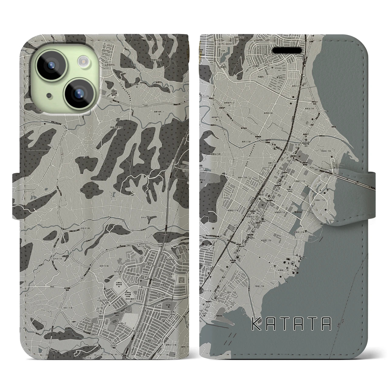 【堅田(滋賀県)】地図柄iPhoneケース(手帳タイプ)モノトーン・iPhone 15 用