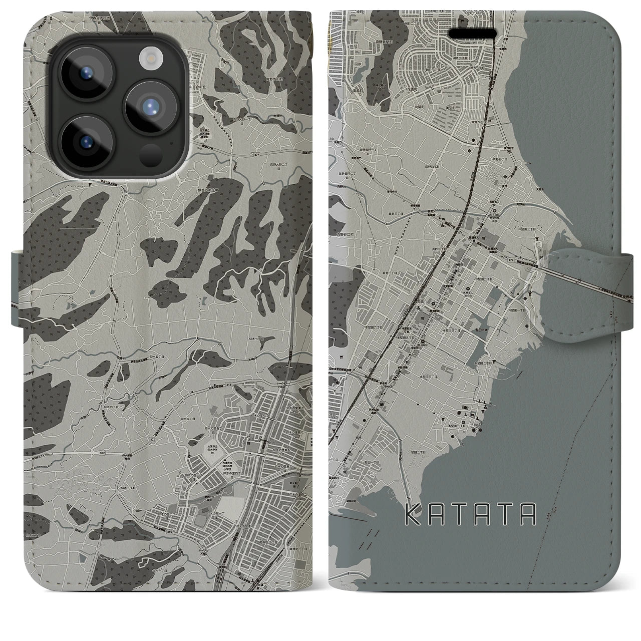 【堅田(滋賀県)】地図柄iPhoneケース(手帳タイプ)モノトーン・iPhone 15 Pro Max 用