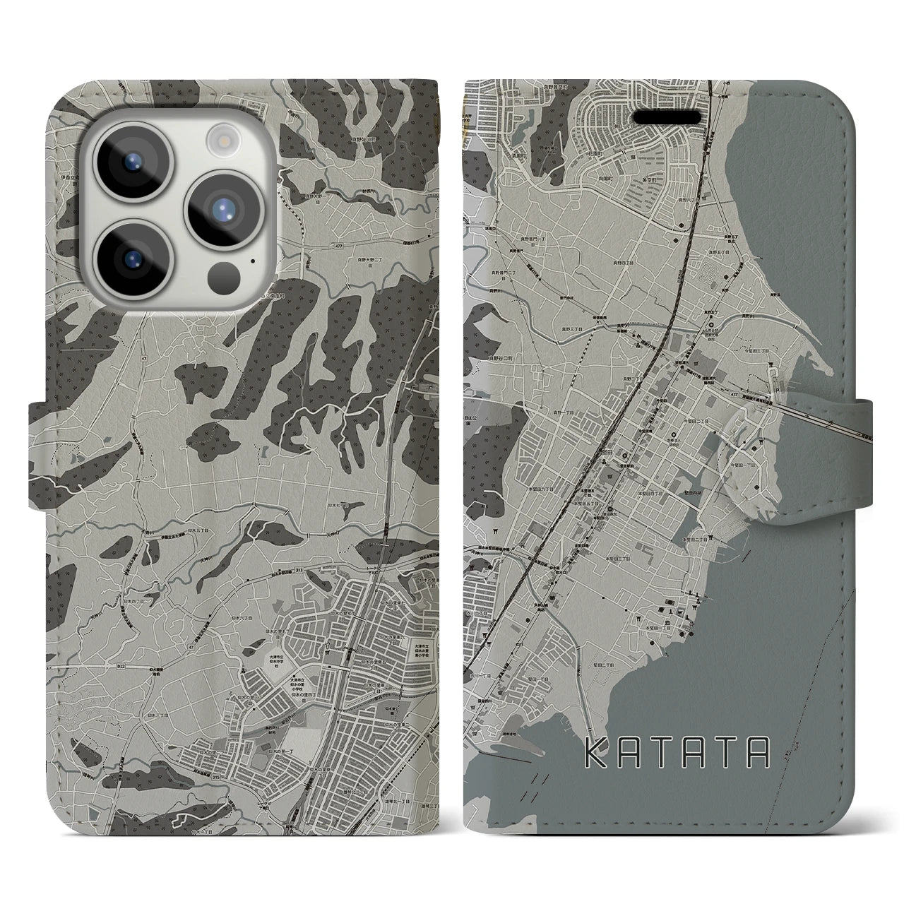【堅田(滋賀県)】地図柄iPhoneケース(手帳タイプ)モノトーン・iPhone 15 Pro 用