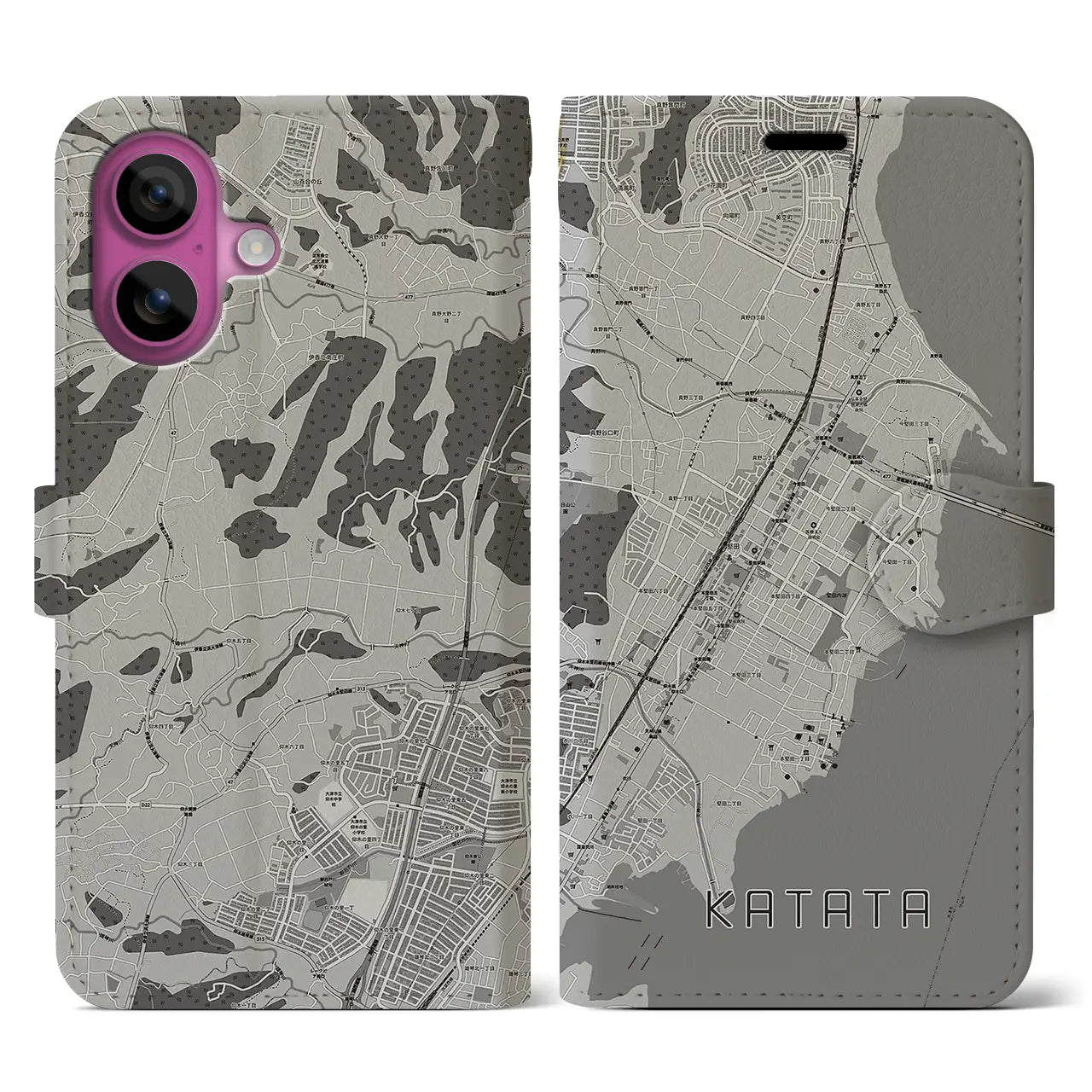 【堅田(滋賀県)】地図柄iPhoneケース(手帳タイプ)モノトーン・iPhone 16 Pro 用