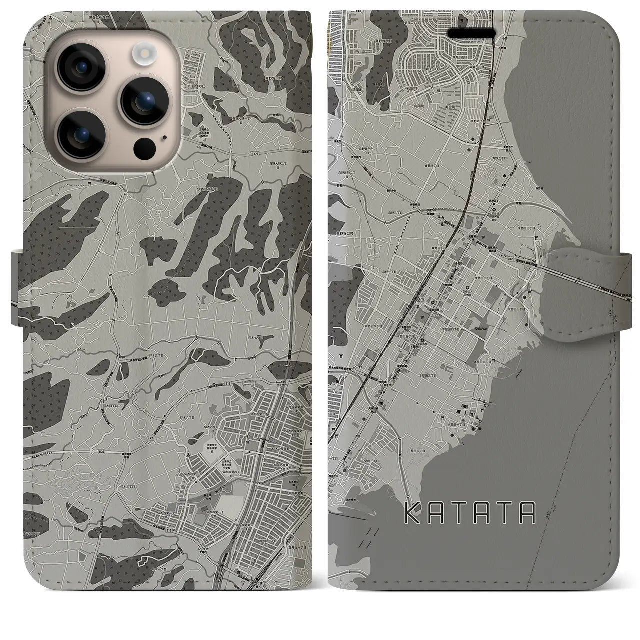 【堅田(滋賀県)】地図柄iPhoneケース(手帳タイプ)モノトーン・iPhone 16 Plus 用