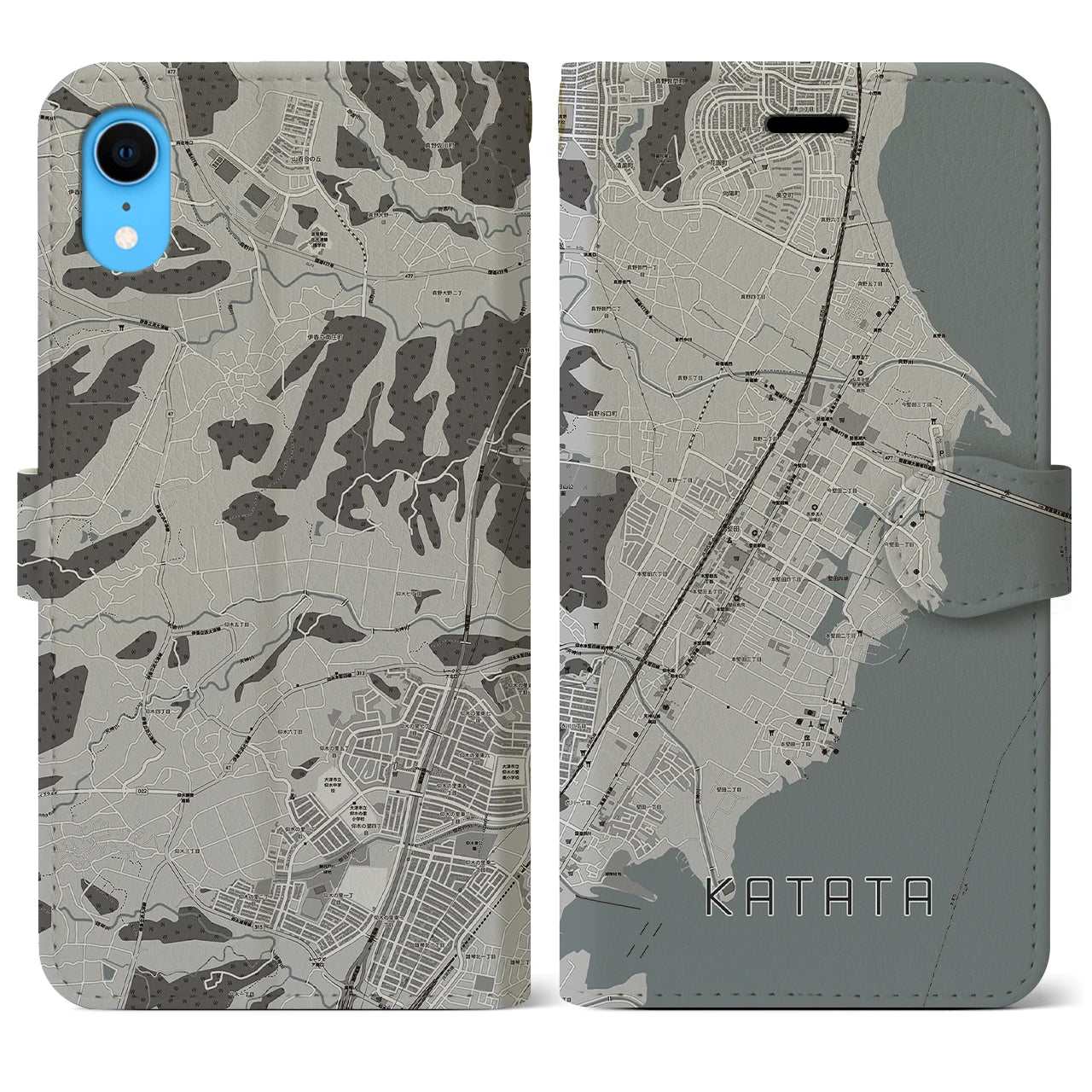 【堅田(滋賀県)】地図柄iPhoneケース(手帳タイプ)モノトーン・iPhone XR 用