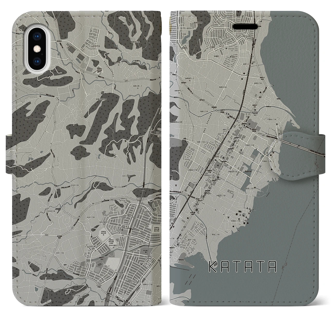 【堅田(滋賀県)】地図柄iPhoneケース(手帳タイプ)モノトーン・iPhone XS Max 用