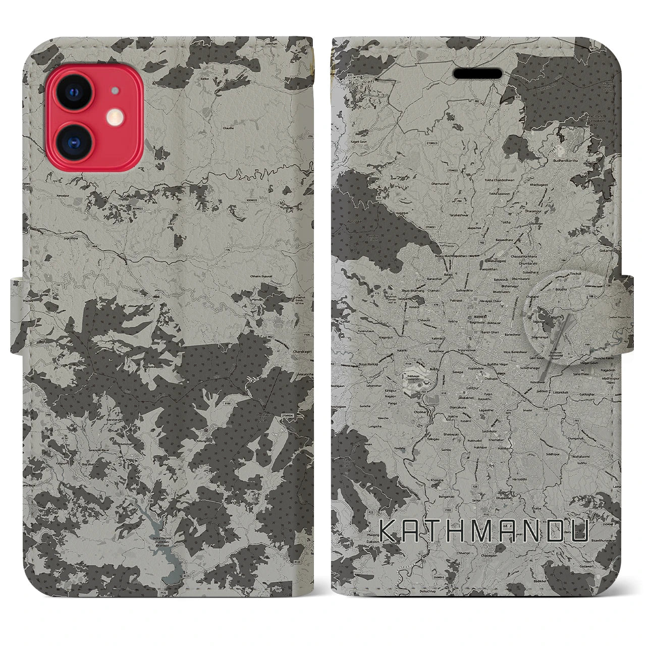 【カトマンズ(ネパール)】地図柄iPhoneケース(手帳タイプ)モノトーン・iPhone 11 用