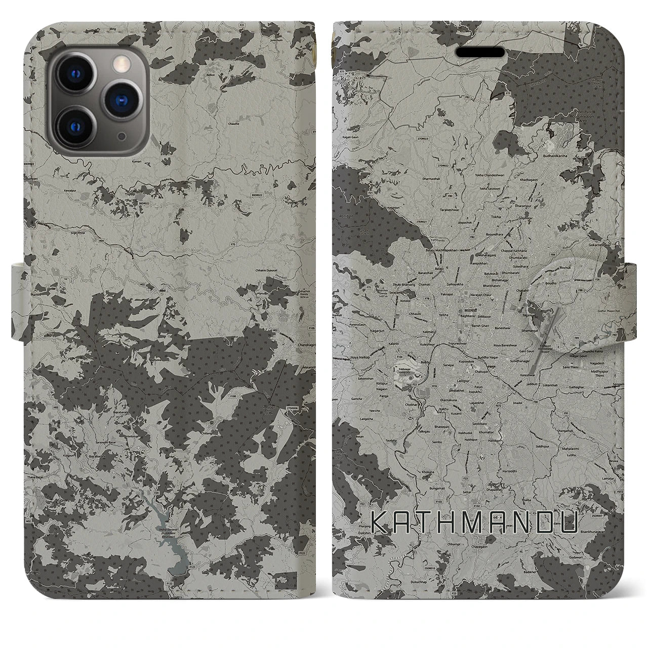 【カトマンズ(ネパール)】地図柄iPhoneケース(手帳タイプ)モノトーン・iPhone 11 Pro Max 用