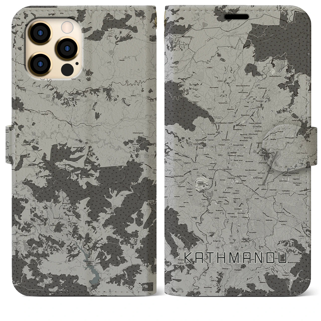 【カトマンズ(ネパール)】地図柄iPhoneケース(手帳タイプ)モノトーン・iPhone 12 Pro Max 用