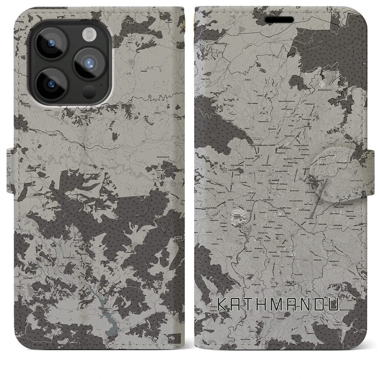 【カトマンズ(ネパール)】地図柄iPhoneケース(手帳タイプ)モノトーン・iPhone 15 Pro Max 用
