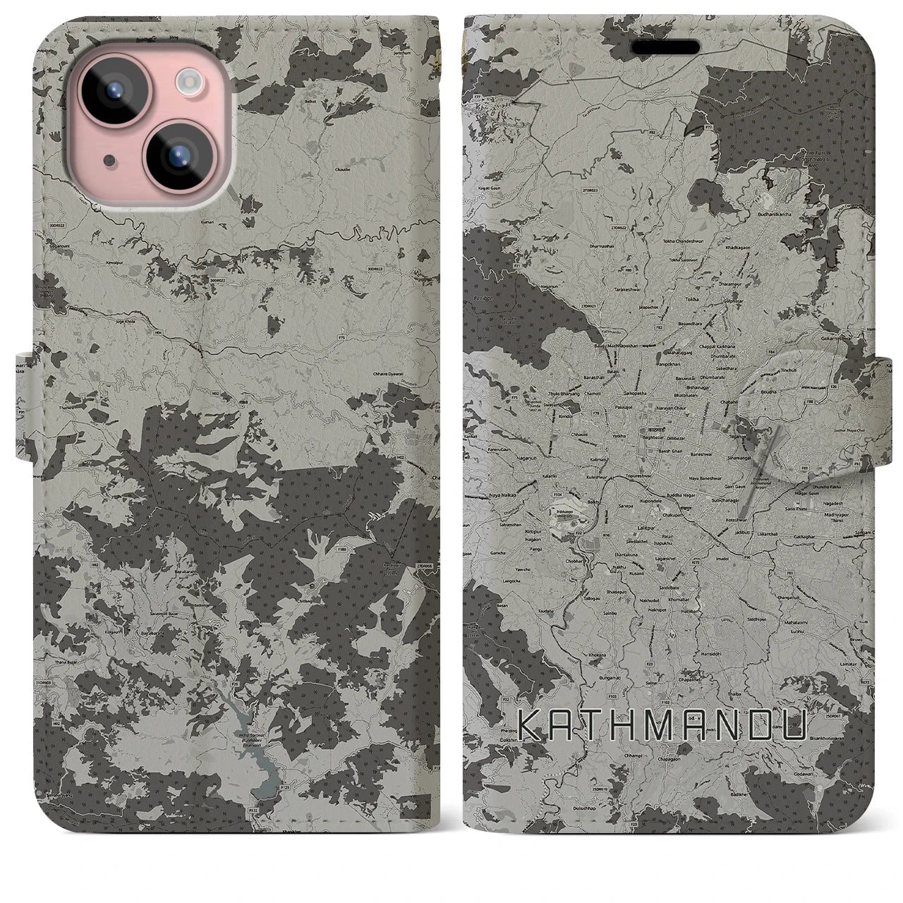 【カトマンズ(ネパール)】地図柄iPhoneケース(手帳タイプ)モノトーン・iPhone 15 Plus 用
