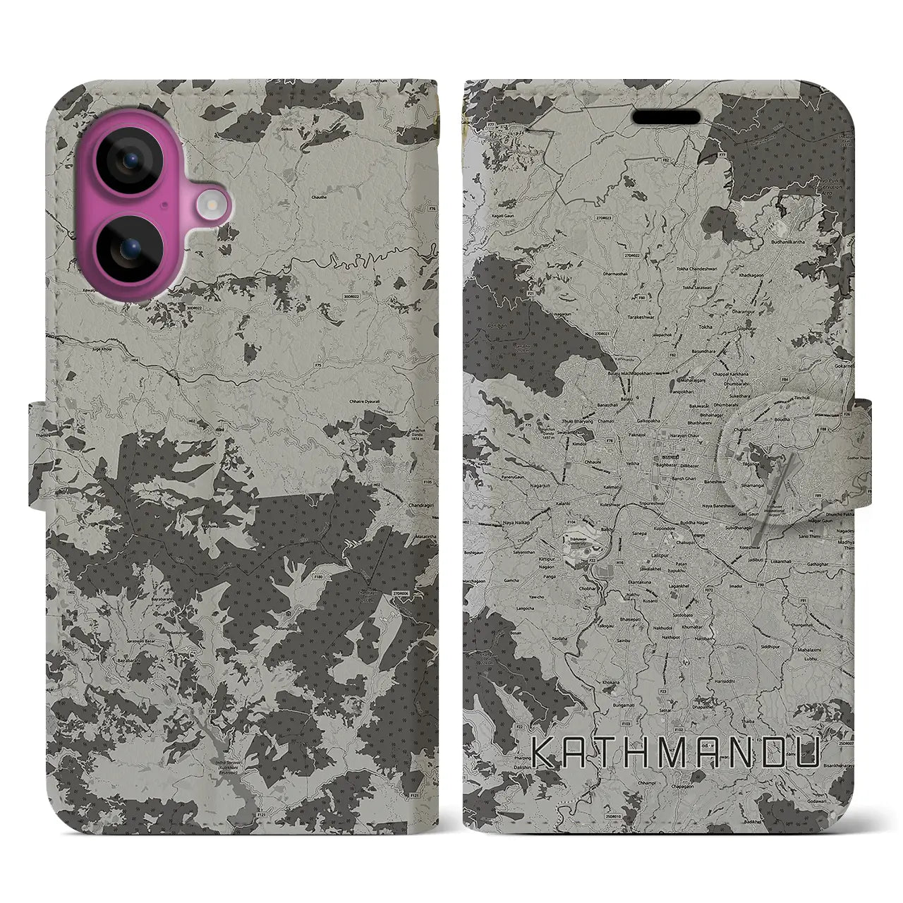 【カトマンズ(ネパール)】地図柄iPhoneケース(手帳タイプ)モノトーン・iPhone 16 Pro 用