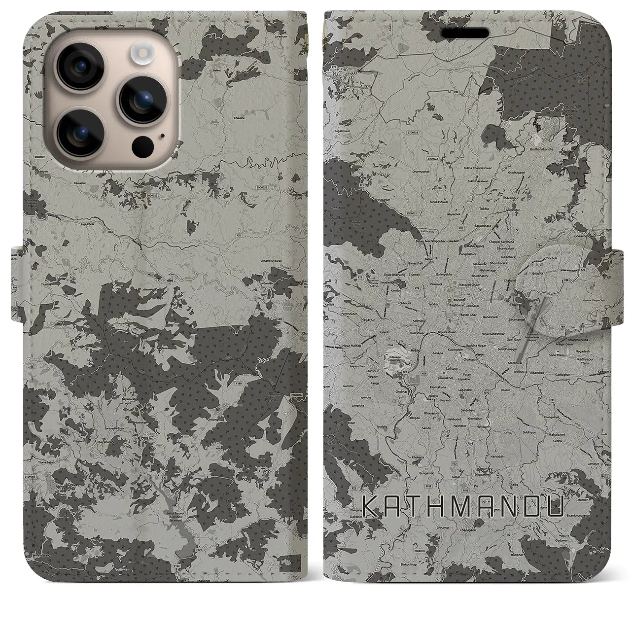 【カトマンズ(ネパール)】地図柄iPhoneケース(手帳タイプ)モノトーン・iPhone 16 Plus 用