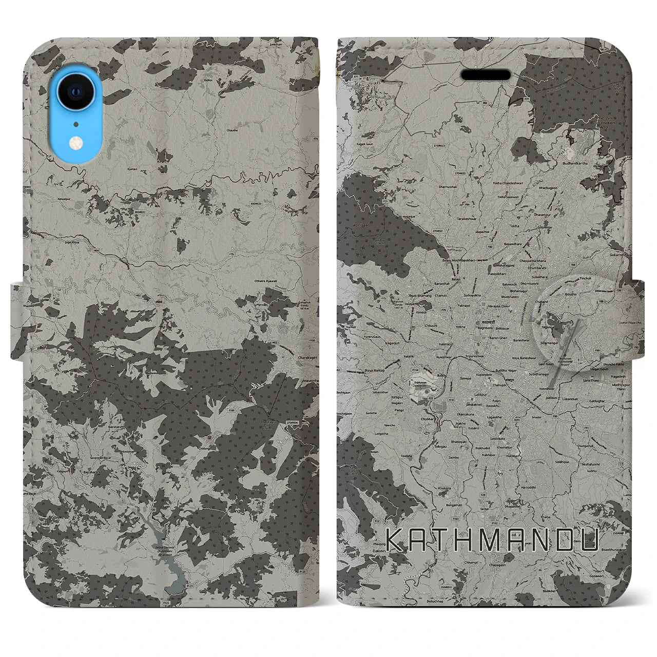 【カトマンズ(ネパール)】地図柄iPhoneケース(手帳タイプ)モノトーン・iPhone XR 用