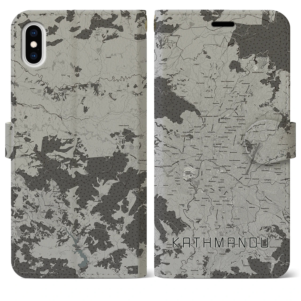 【カトマンズ(ネパール)】地図柄iPhoneケース(手帳タイプ)モノトーン・iPhone XS Max 用