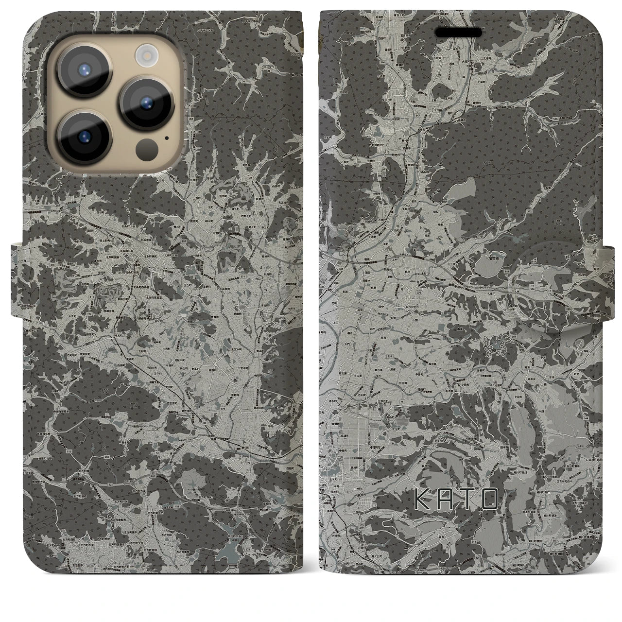 【加東(兵庫県)】地図柄iPhoneケース(手帳タイプ)モノトーン・iPhone 14 Pro Max 用
