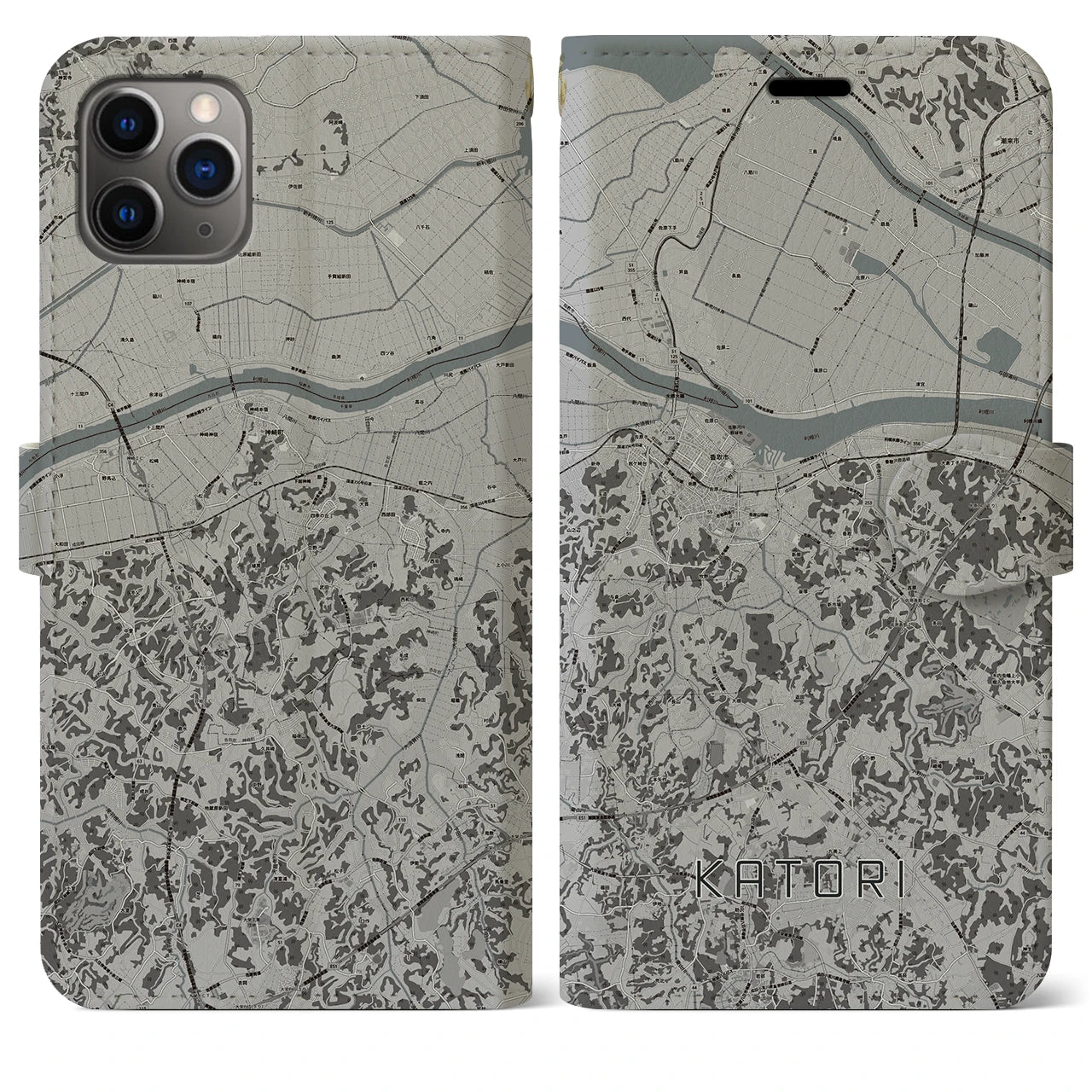 【香取(千葉県)】地図柄iPhoneケース(手帳タイプ)モノトーン・iPhone 11 Pro Max 用