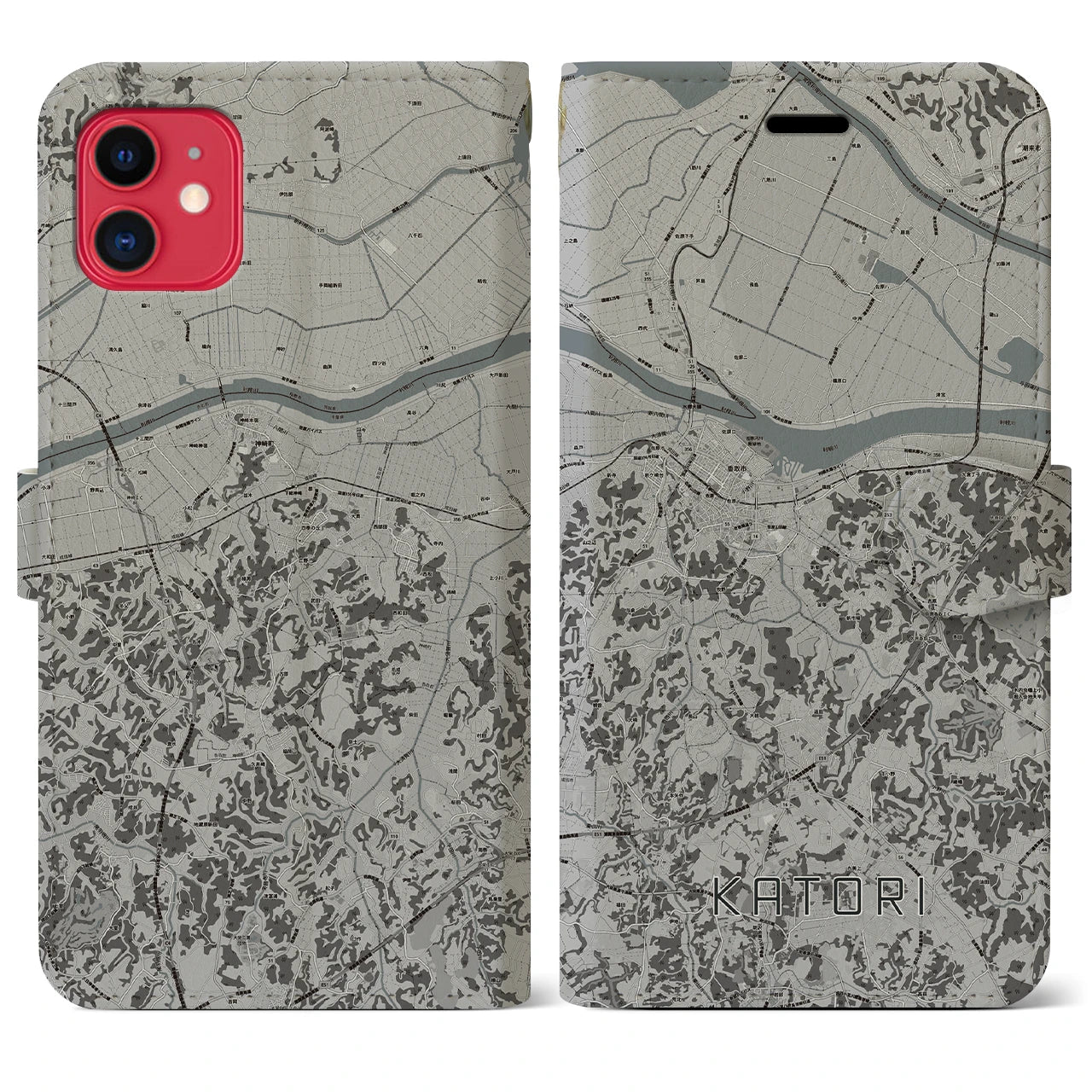 【香取(千葉県)】地図柄iPhoneケース(手帳タイプ)モノトーン・iPhone 11 用