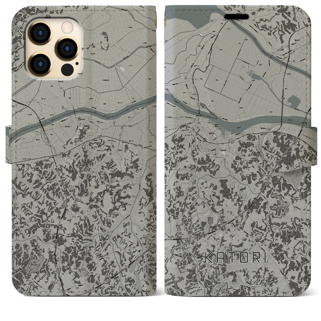 【香取(千葉県)】地図柄iPhoneケース(手帳タイプ)モノトーン・iPhone 12 Pro Max 用