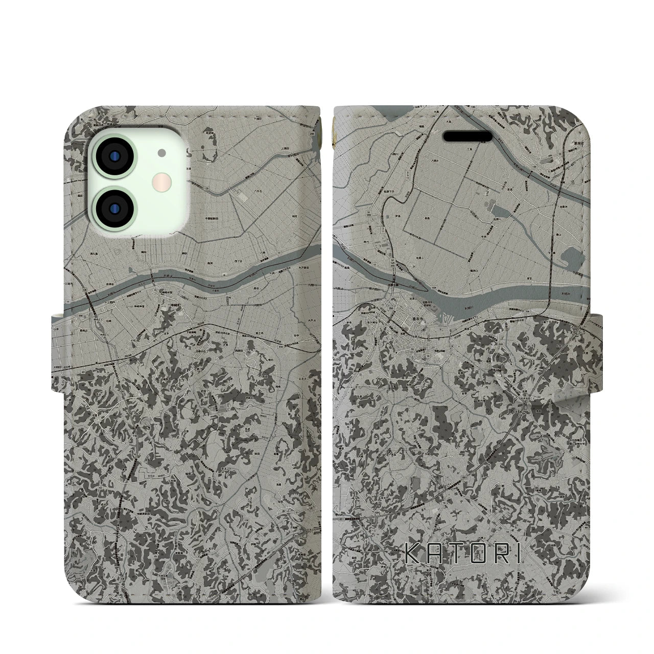 【香取(千葉県)】地図柄iPhoneケース(手帳タイプ)モノトーン・iPhone 12 mini 用