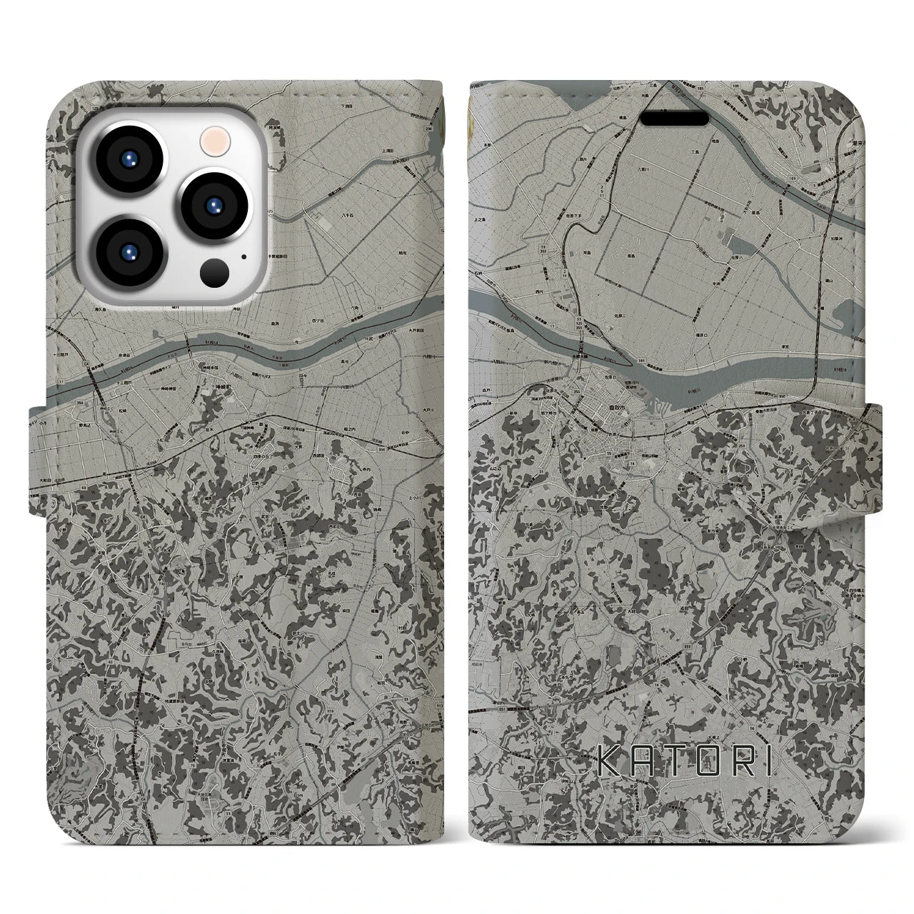 【香取(千葉県)】地図柄iPhoneケース(手帳タイプ)モノトーン・iPhone 13 Pro 用