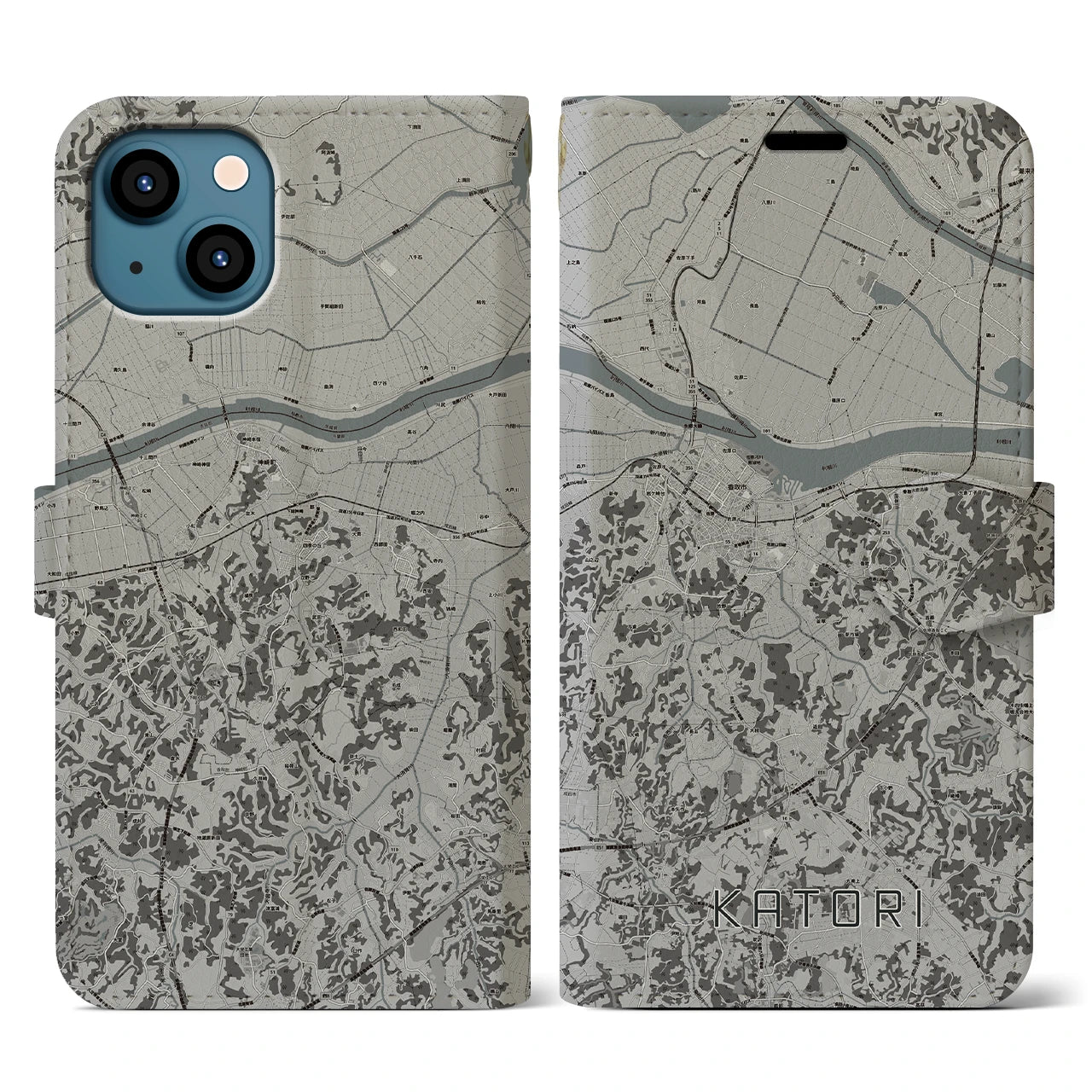 【香取(千葉県)】地図柄iPhoneケース(手帳タイプ)モノトーン・iPhone 13 用