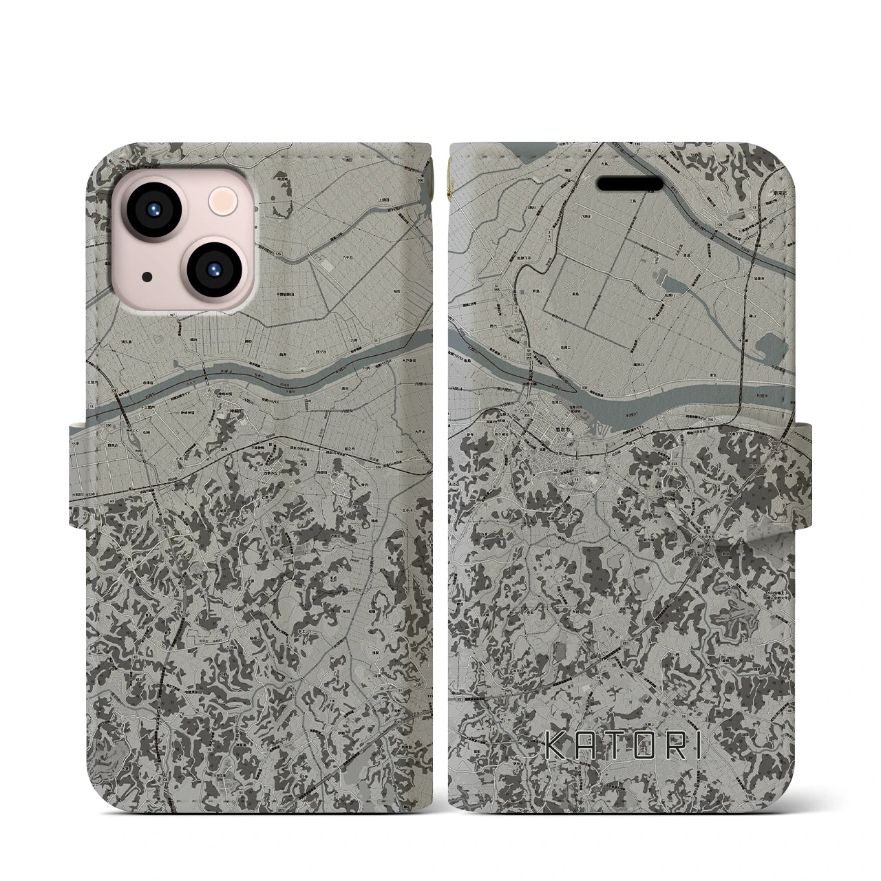 【香取(千葉県)】地図柄iPhoneケース(手帳タイプ)モノトーン・iPhone 13 mini 用