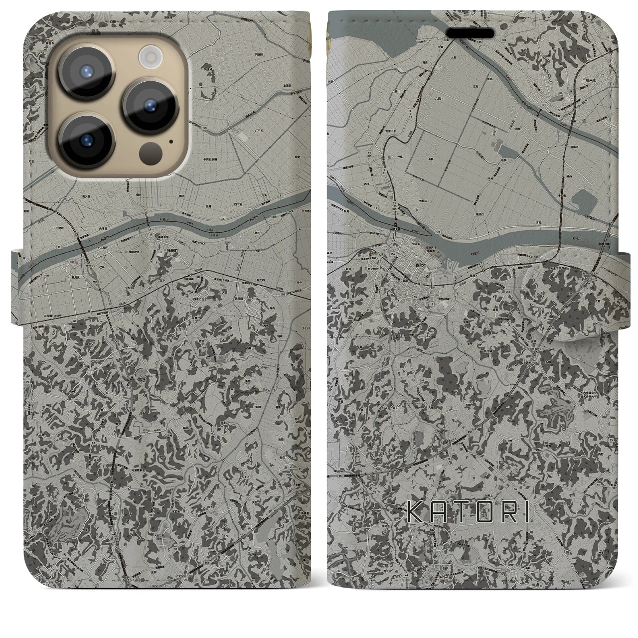 【香取(千葉県)】地図柄iPhoneケース(手帳タイプ)モノトーン・iPhone 14 Pro Max 用