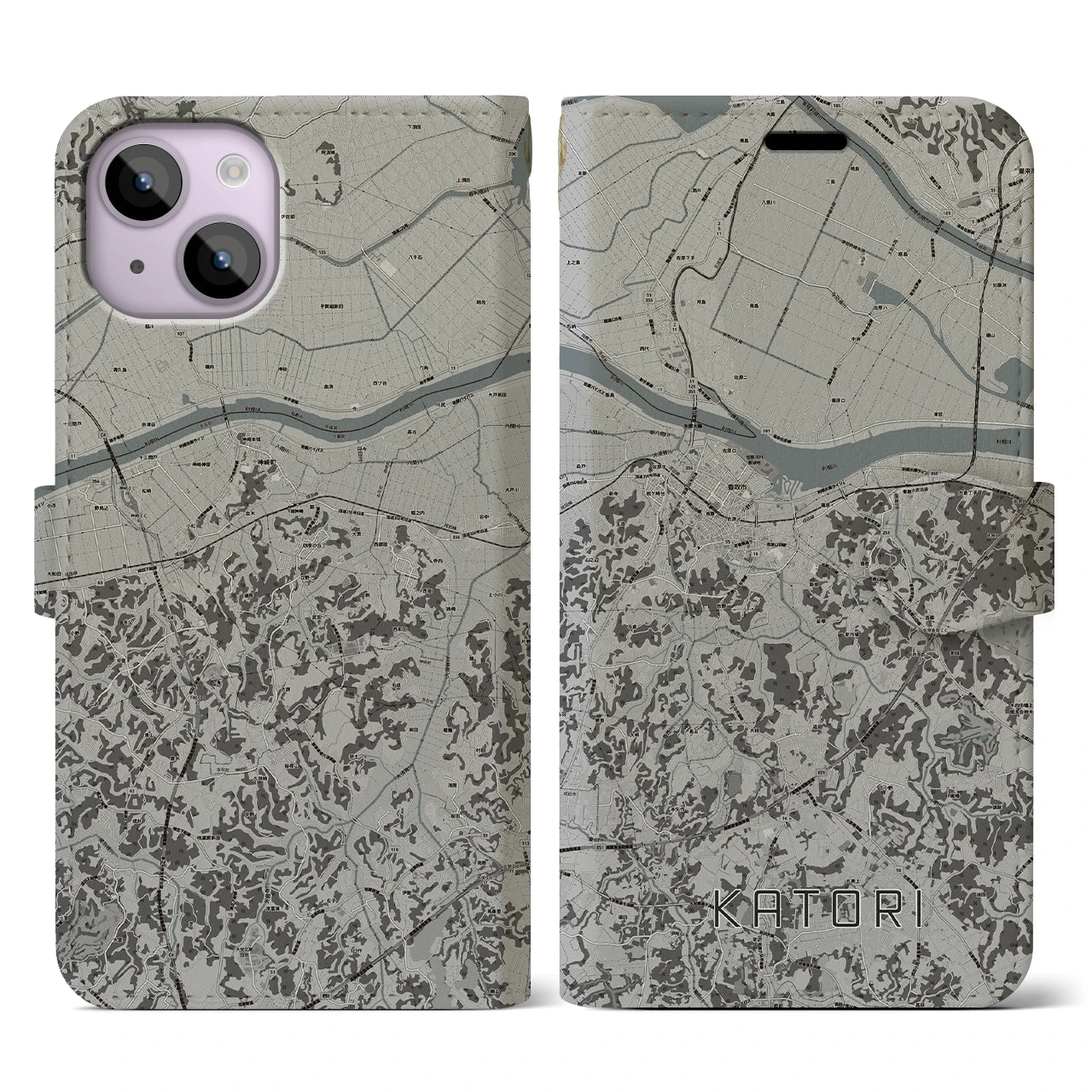 【香取(千葉県)】地図柄iPhoneケース(手帳タイプ)モノトーン・iPhone 14 用