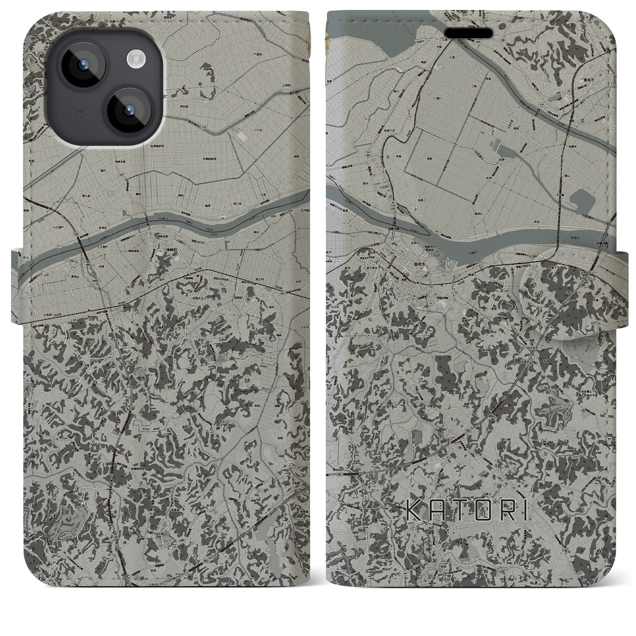 【香取(千葉県)】地図柄iPhoneケース(手帳タイプ)モノトーン・iPhone 14 Plus 用
