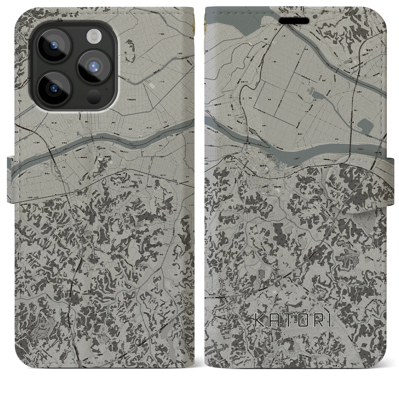 【香取(千葉県)】地図柄iPhoneケース(手帳タイプ)モノトーン・iPhone 15 Pro Max 用