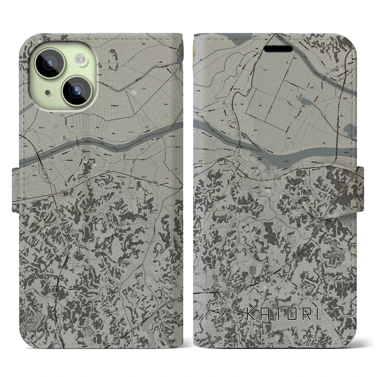 【香取(千葉県)】地図柄iPhoneケース(手帳タイプ)モノトーン・iPhone 15 用