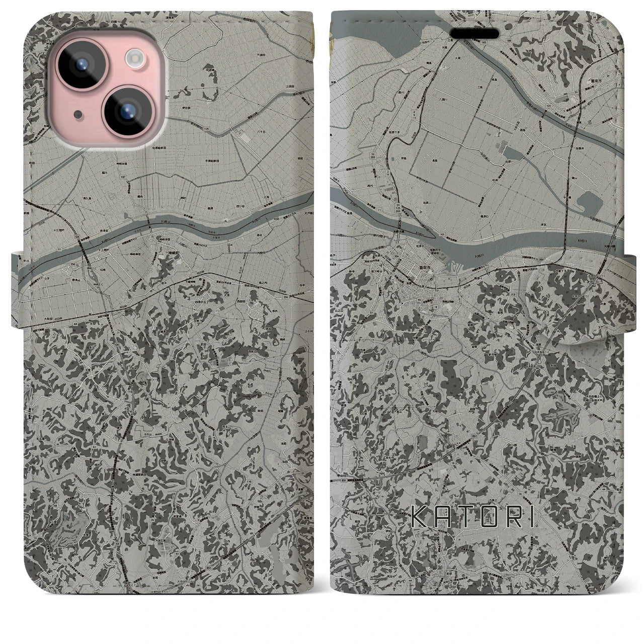 【香取(千葉県)】地図柄iPhoneケース(手帳タイプ)モノトーン・iPhone 15 Plus 用