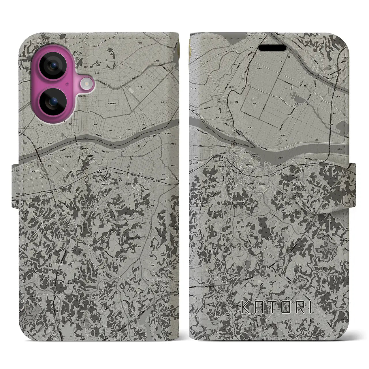 【香取(千葉県)】地図柄iPhoneケース(手帳タイプ)モノトーン・iPhone 16 Pro 用