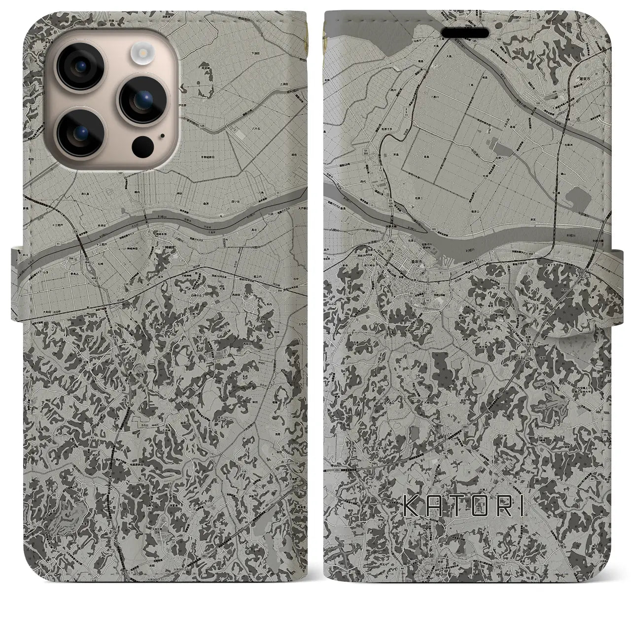【香取(千葉県)】地図柄iPhoneケース(手帳タイプ)モノトーン・iPhone 16 Plus 用