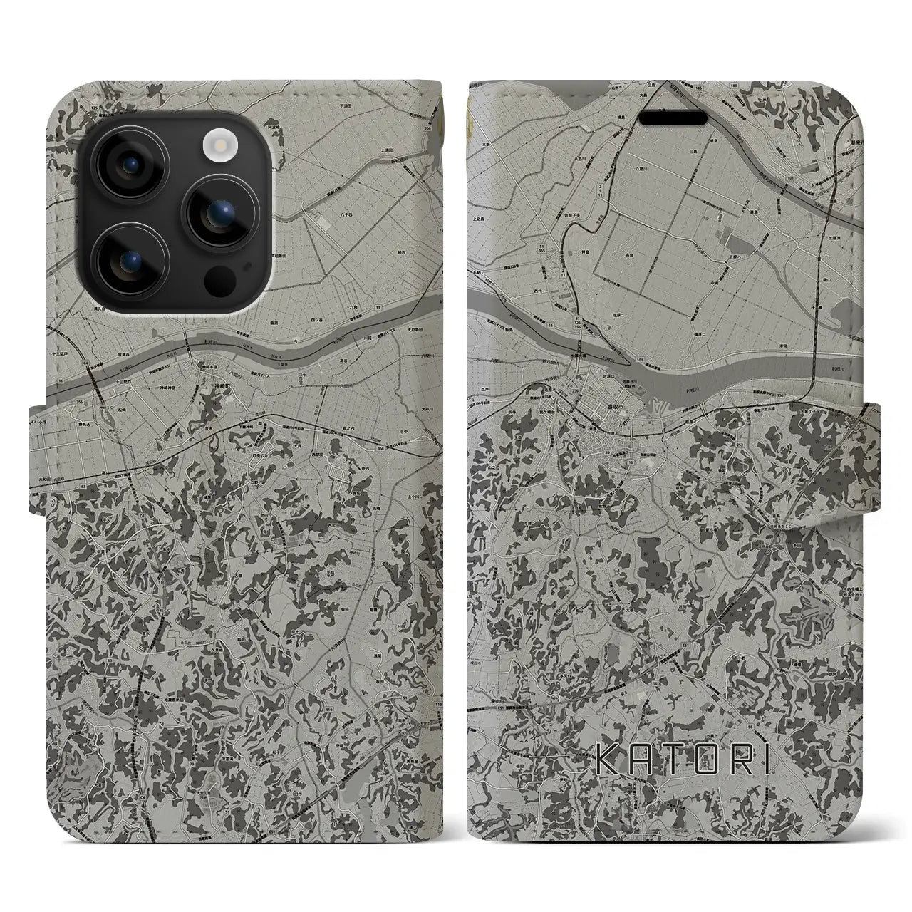 【香取(千葉県)】地図柄iPhoneケース(手帳タイプ)モノトーン・iPhone 16 用