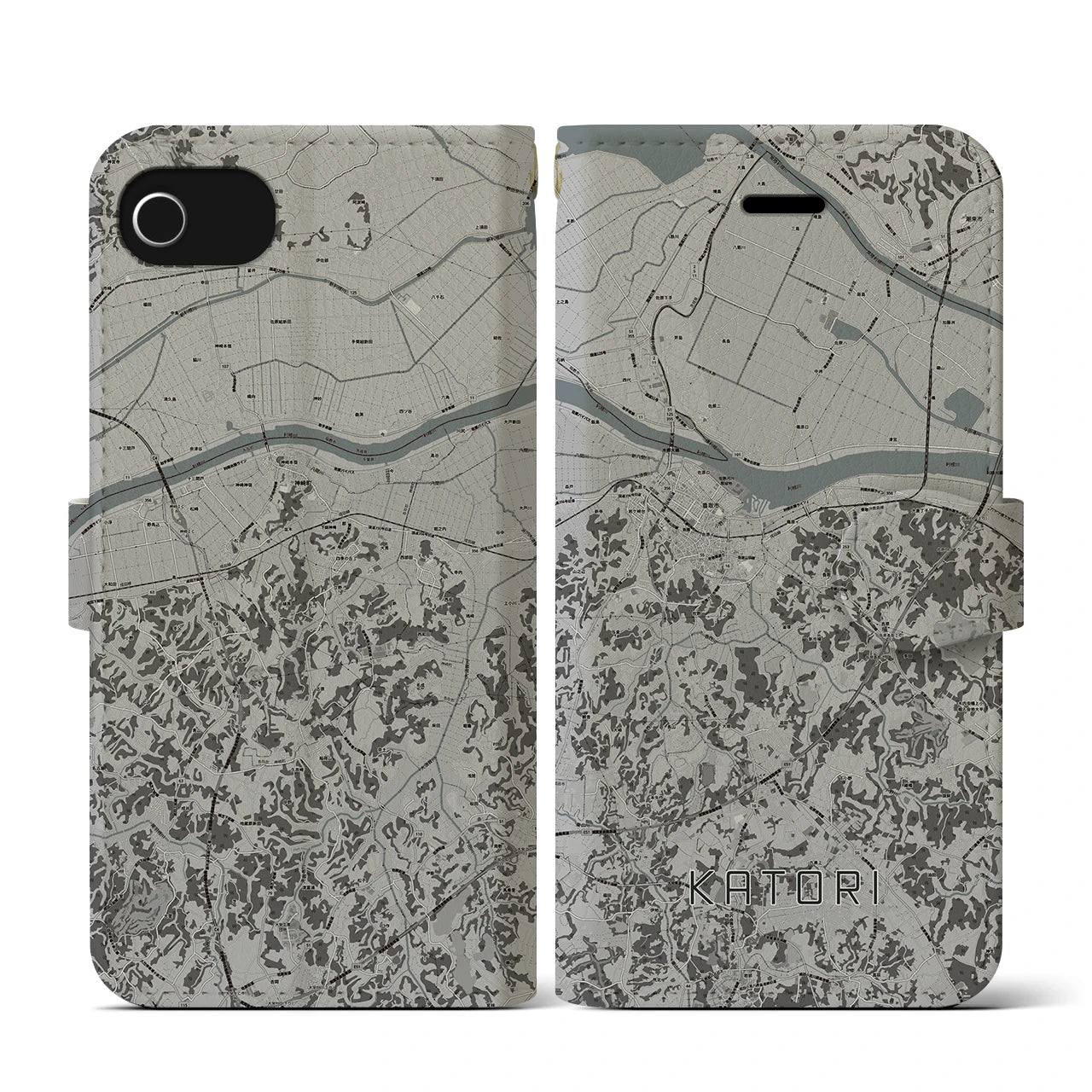 【香取(千葉県)】地図柄iPhoneケース(手帳タイプ)モノトーン・iPhone SE(第3 / 第2世代) / 8 / 7 / 6s / 6 用