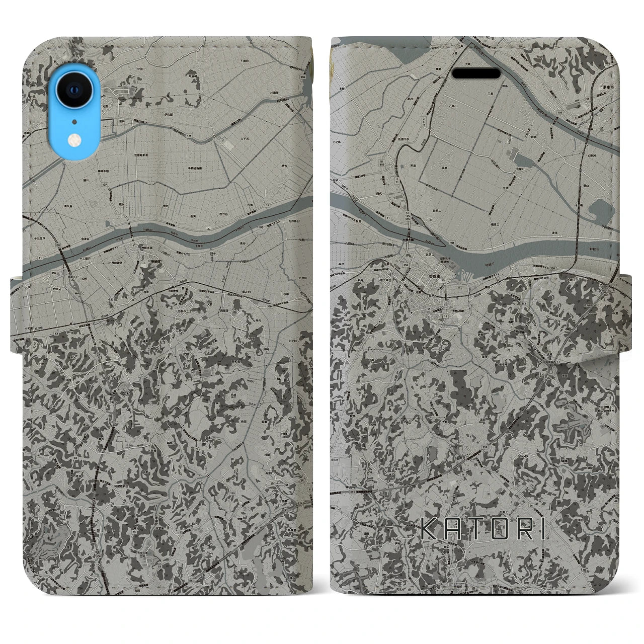 【香取(千葉県)】地図柄iPhoneケース(手帳タイプ)モノトーン・iPhone XR 用