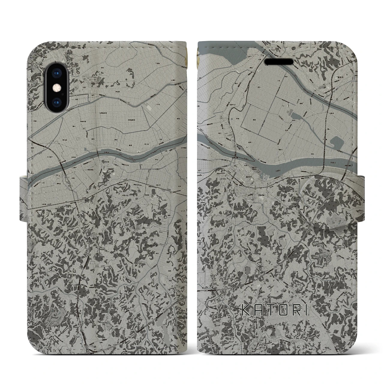 【香取(千葉県)】地図柄iPhoneケース(手帳タイプ)モノトーン・iPhone XS / X 用