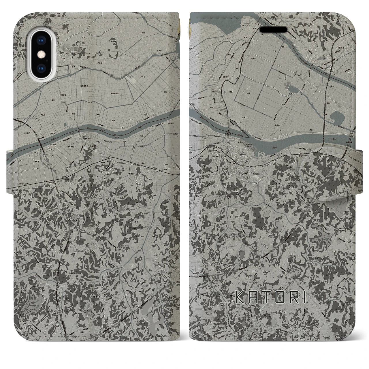【香取(千葉県)】地図柄iPhoneケース(手帳タイプ)モノトーン・iPhone XS Max 用