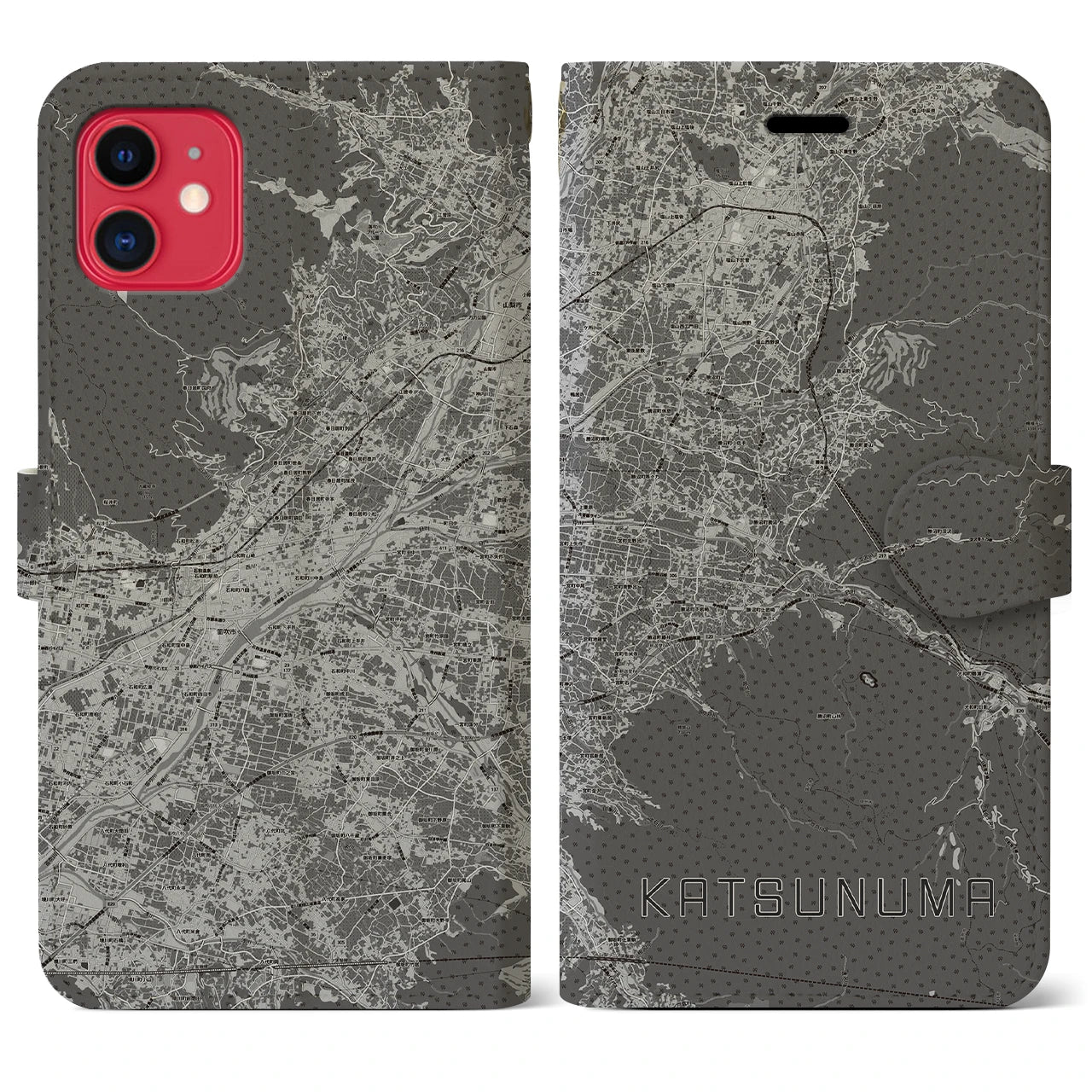 【勝沼(山梨県)】地図柄iPhoneケース(手帳タイプ)モノトーン・iPhone 11 用