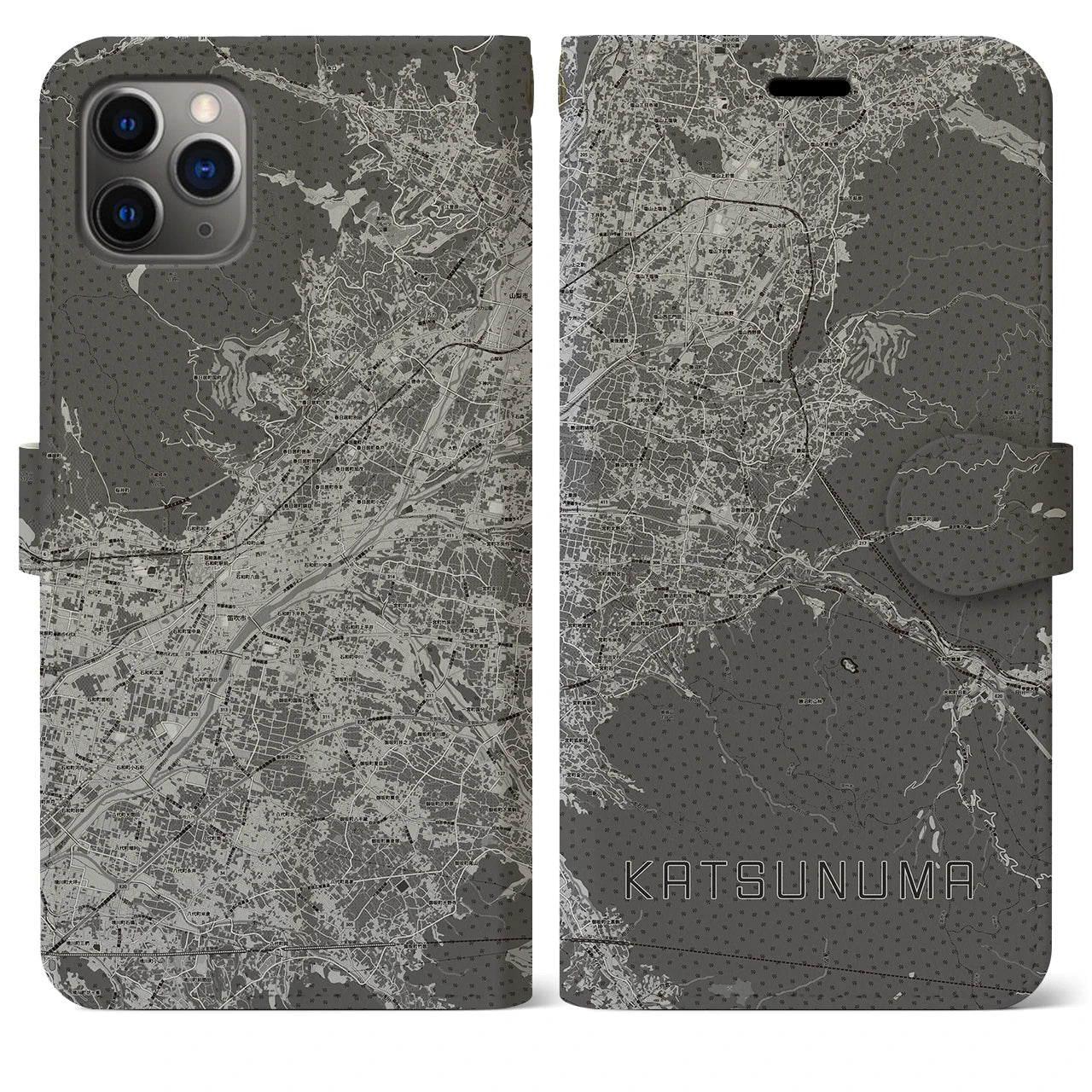 【勝沼(山梨県)】地図柄iPhoneケース(手帳タイプ)モノトーン・iPhone 11 Pro Max 用